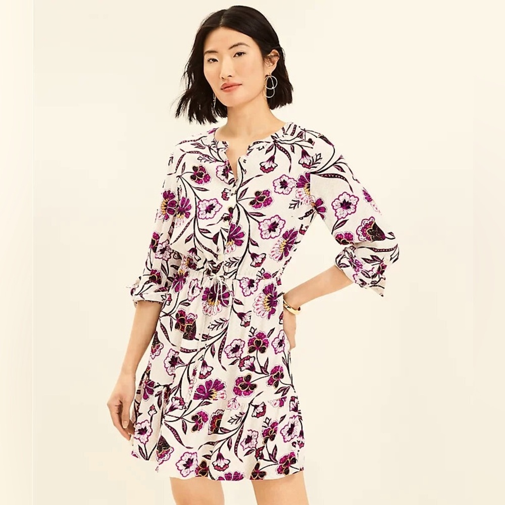 LOFT Botanical Tab Sleeve Button Flounce Dress NWOT